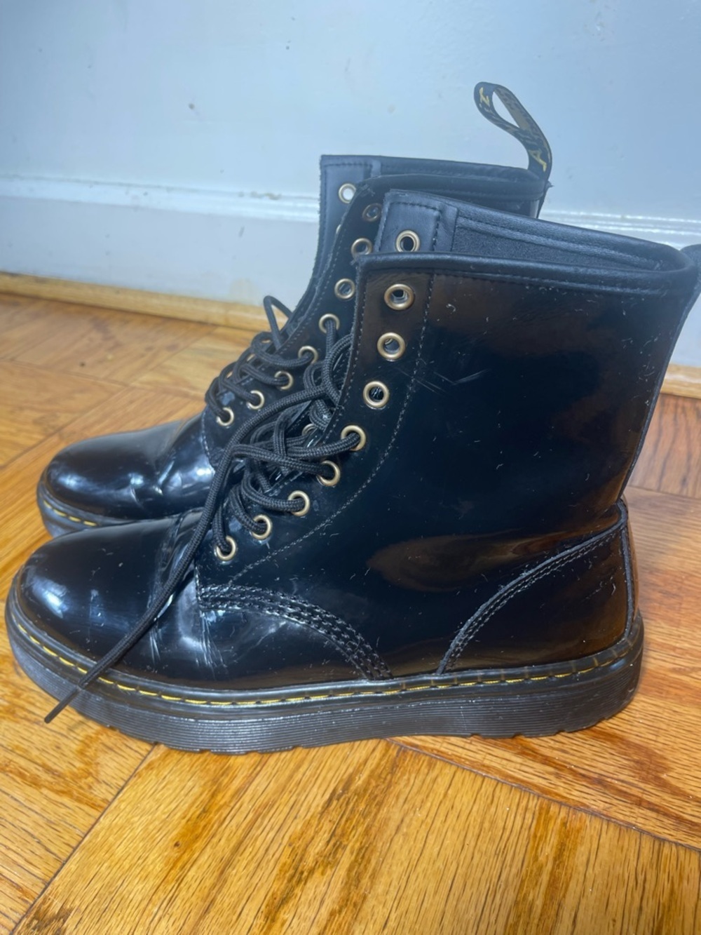 Dr. Martens  Zavala Black Patent Lace-Up Boots with Yellow Welt size 8